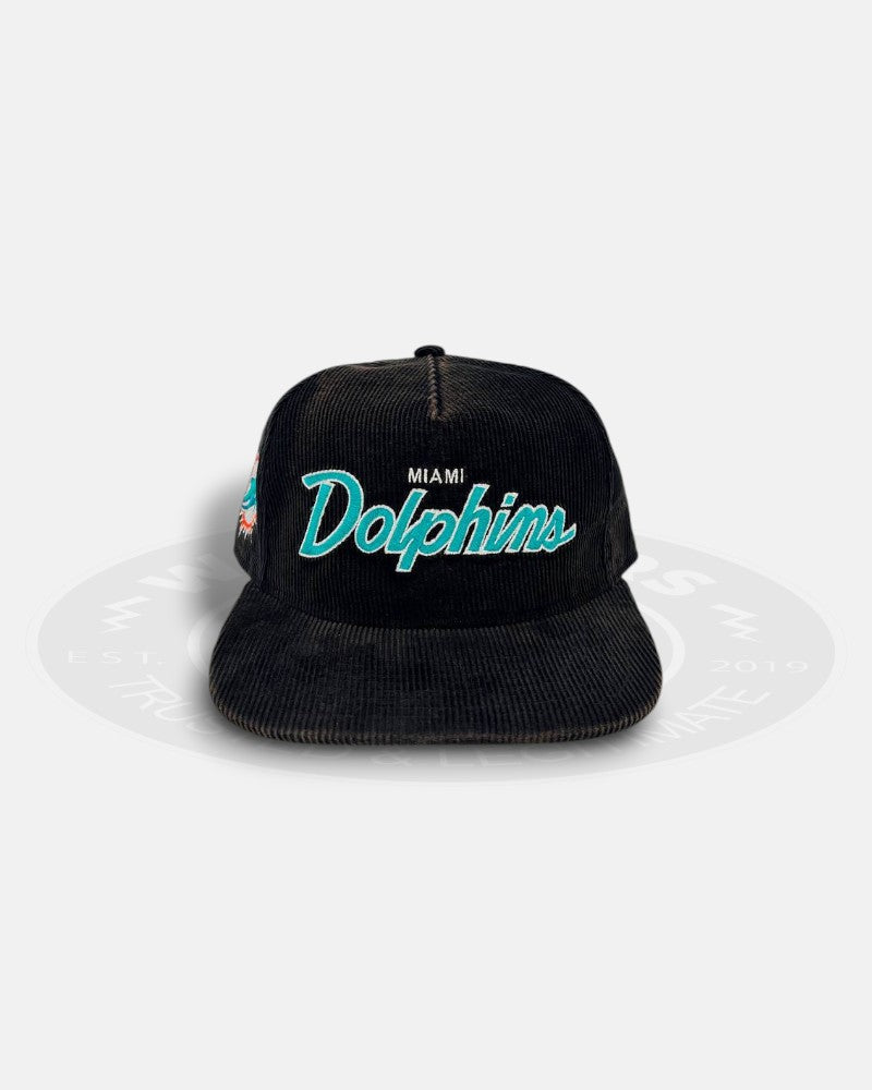 Miami Dolphins Washed Corduroy Script Corduroy Golfer Snapback Hat