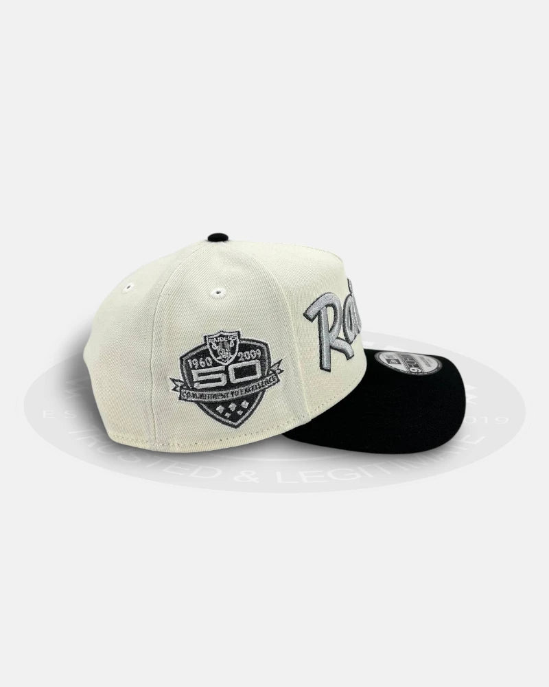 Las Vegas Raiders 50th Anniversary Silver Script Chrome Two Tone 9Forty A-Frame Snapback Hat