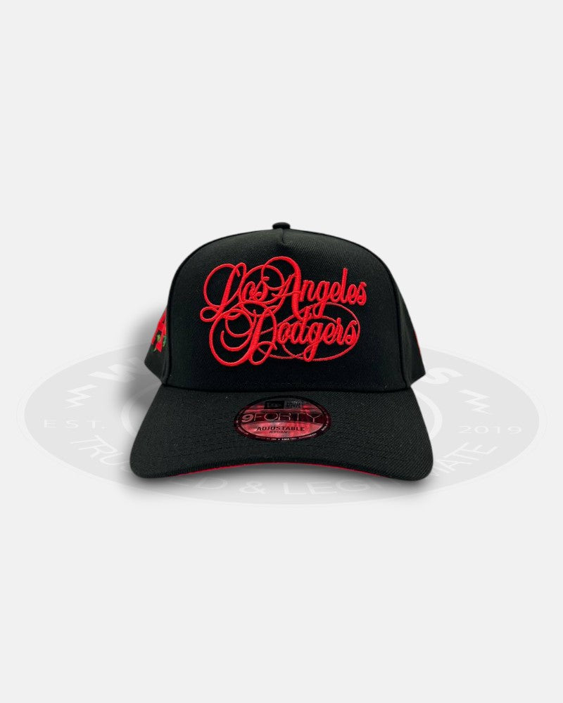 Los Angeles Dodgers Cursive Red Script Chrome Black A-Frame 9Forty Snapback Hat