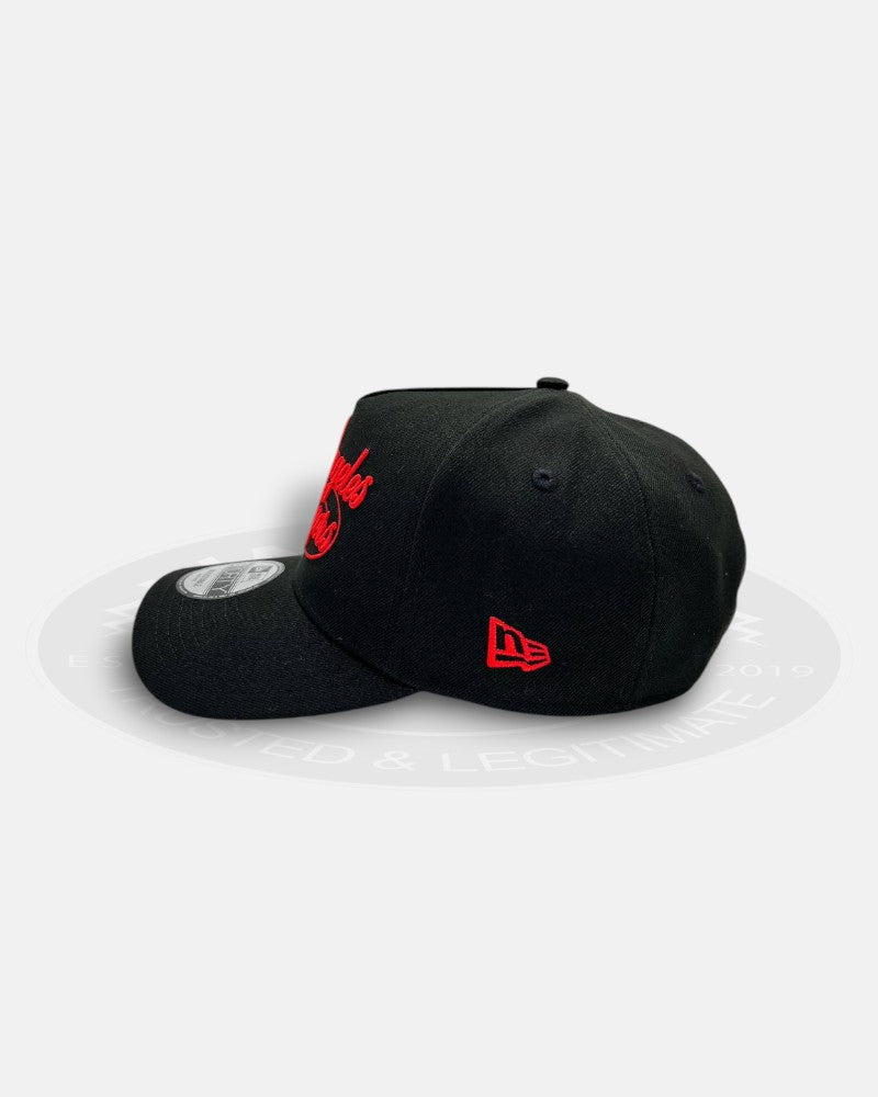 Los Angeles Dodgers Cursive Red Script Chrome Black A-Frame 9Forty Snapback Hat