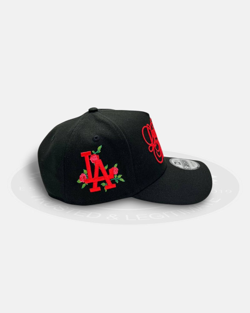 Los Angeles Dodgers Cursive Red Script Chrome Black A-Frame 9Forty Snapback Hat