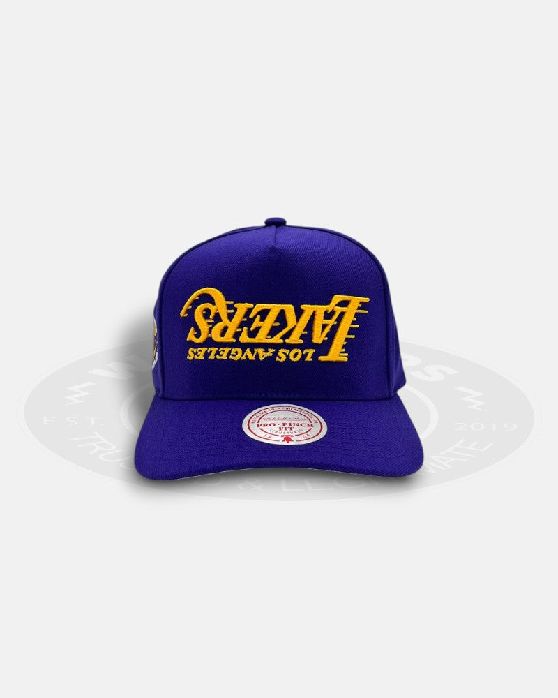 Los Angeles Lakers Upside Down Running Script Pro Finch Fit Snapback Hat