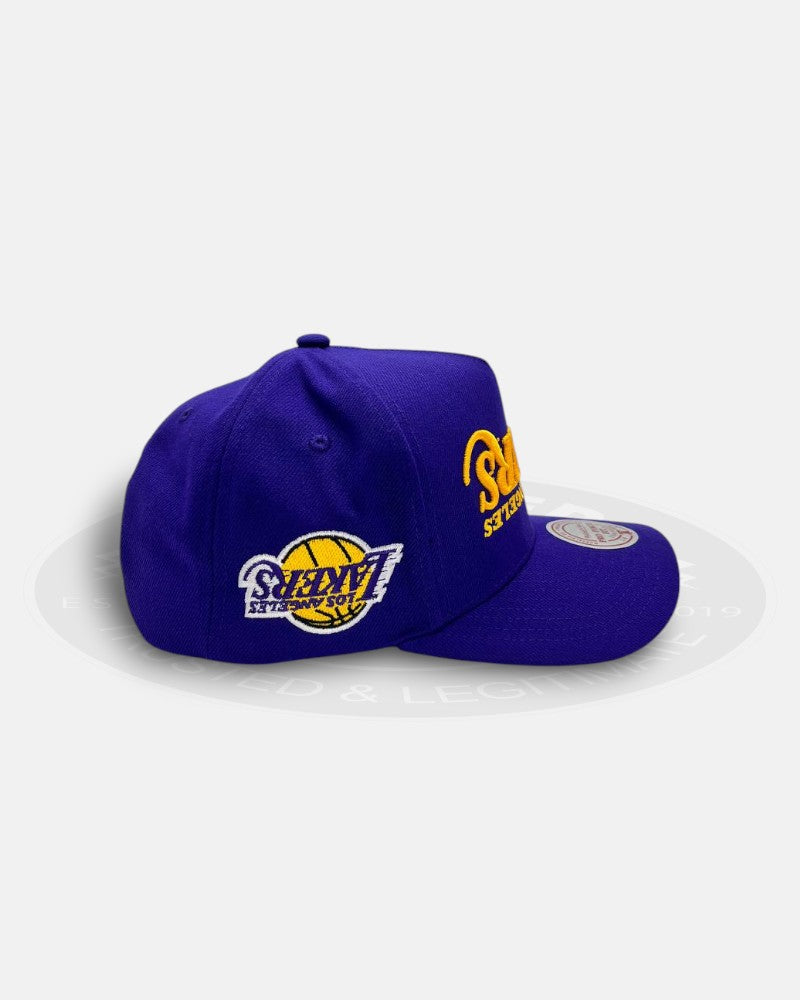 Los Angeles Lakers Upside Down Running Script Pro Finch Fit Snapback Hat