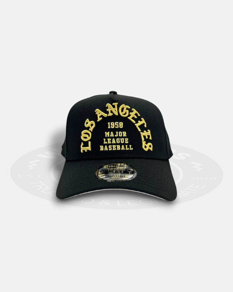 Los Angeles Dodgers Gold Script 1958 Major League Baseball Chrome Black A-Frame 9Forty Snapback Hat