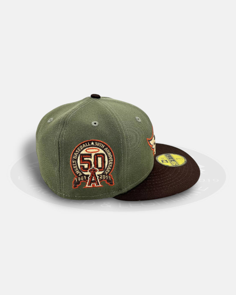 Los Angeles Angels Olive Brown Grey Underbill Milestone Crest 59Fifty Fitted Hat