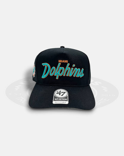 Miami Dolphins Black Dome Script 47 Hitch Snapback Hat