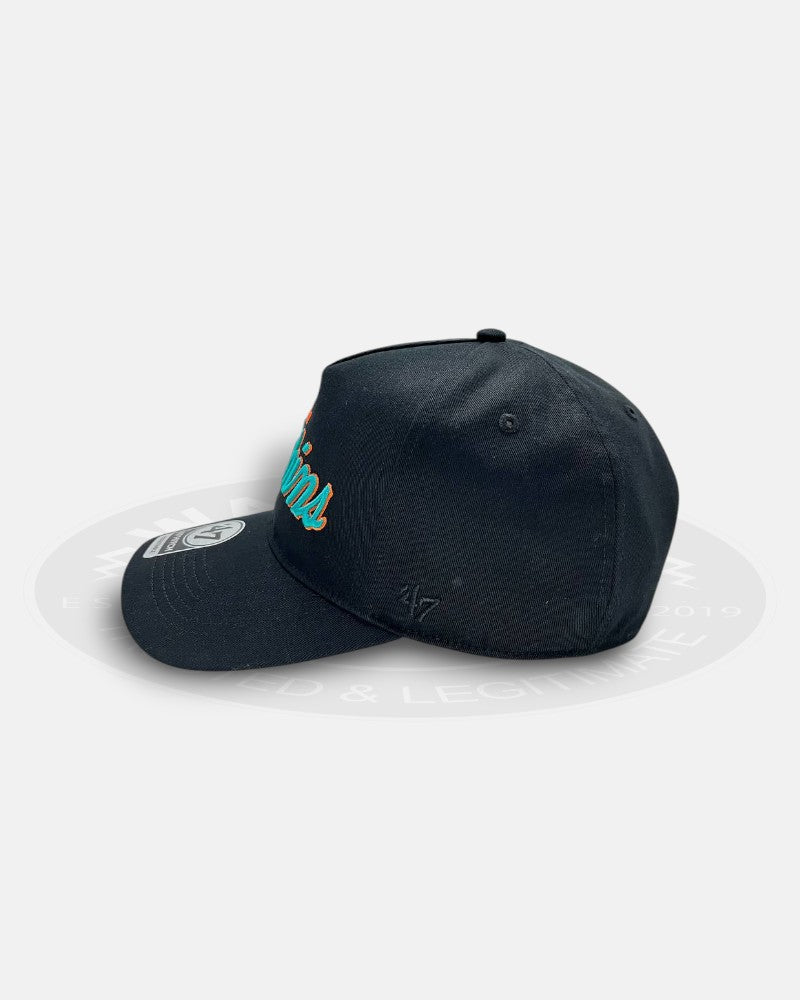 Miami Dolphins Black Dome Script 47 Hitch Snapback Hat