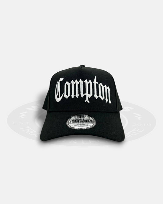 Compton Homage Old Script Black White 9FORTY A-Frame Snapback Hat