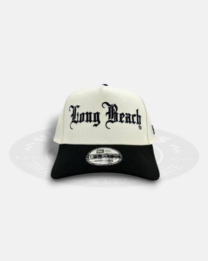 Long Beach Homage Old Script White Black 9FORTY A-Frame Snapback Hat