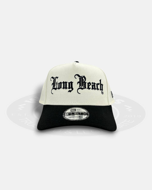 Long Beach Homage Old Script White Black 9FORTY A-Frame Snapback Hat