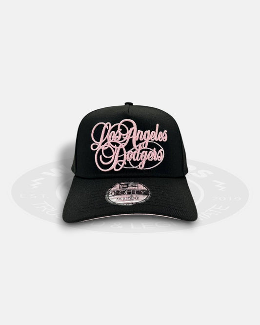 Los Angeles Dodgers Pink Cursive Gold Script Chrome Black A-Frame 9Forty Snapback Hat