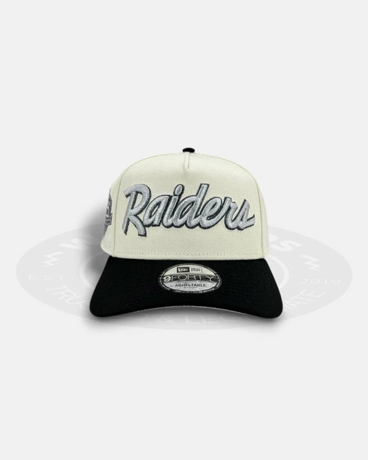 Las Vegas Raiders 50th Anniversary Silver Script Chrome Two Tone 9Forty A-Frame Snapback Hat
