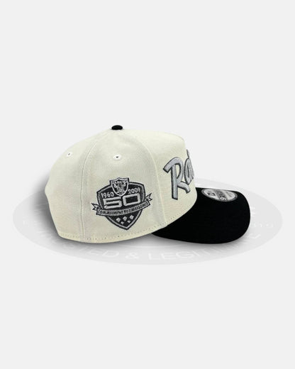 Las Vegas Raiders 50th Anniversary Silver Script Chrome Two Tone 9Forty A-Frame Snapback Hat