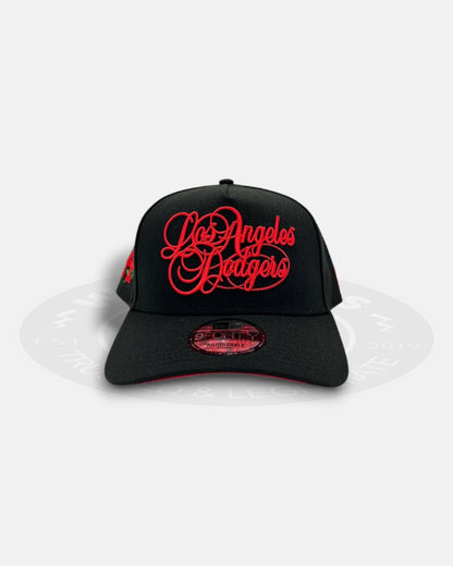 Los Angeles Dodgers Cursive Red Script Chrome Black A-Frame 9Forty Snapback Hat