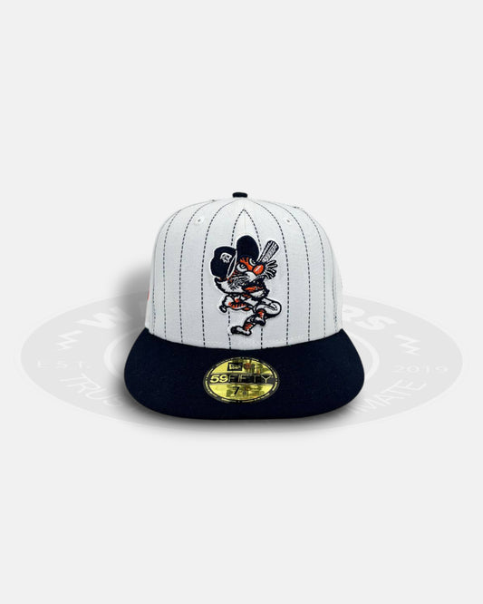 Detroit Tigers Stadium Patch Pinstripe Throwback Edition White Navy Pinstripe Black Visor 59Fifty Fitted Hat