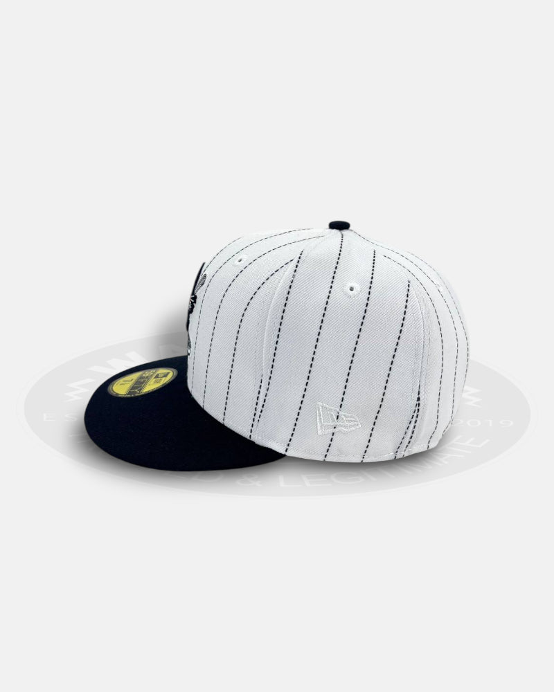 Detroit Tigers Stadium Patch Pinstripe Throwback Edition White Navy Pinstripe Black Visor 59Fifty Fitted Hat