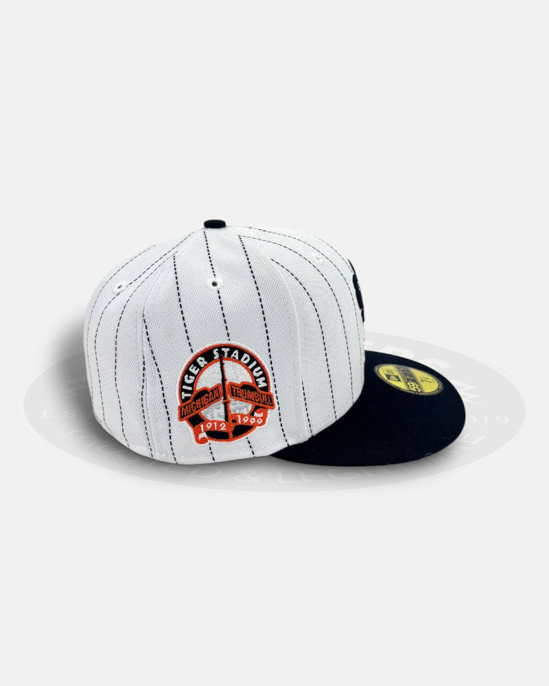 Detroit Tigers Stadium Patch Pinstripe Throwback Edition White Navy Pinstripe Black Visor 59Fifty Fitted Hat