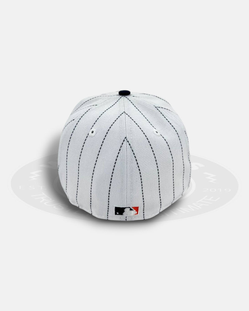 Detroit Tigers Stadium Patch Pinstripe Throwback Edition White Navy Pinstripe Black Visor 59Fifty Fitted Hat