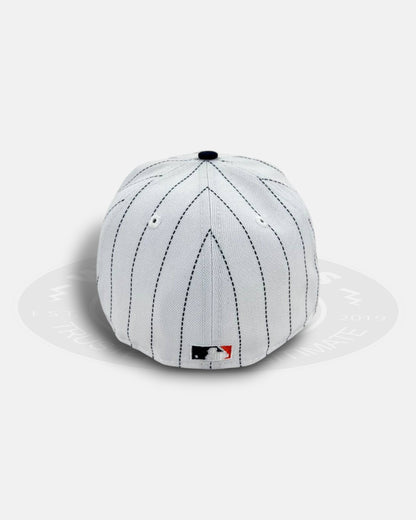 Detroit Tigers Stadium Patch Pinstripe Throwback Edition White Navy Pinstripe Black Visor 59Fifty Fitted Hat