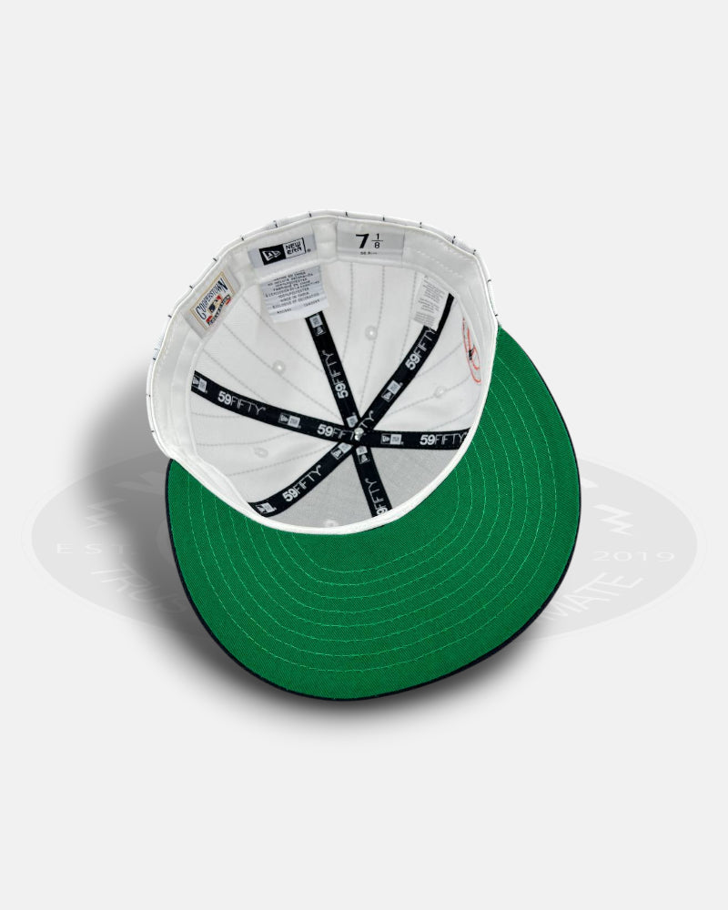 Detroit Tigers Stadium Patch Pinstripe Throwback Edition White Navy Pinstripe Black Visor 59Fifty Fitted Hat